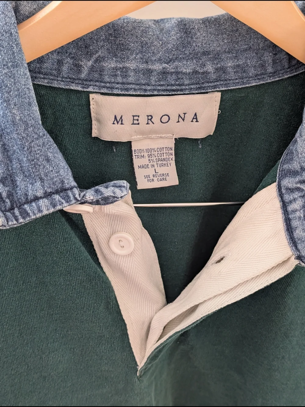 Vintage 90's Colorblock Denim Collared Long-Sleeve Polo Shirt in Green/Blue - Picture 5 of 5